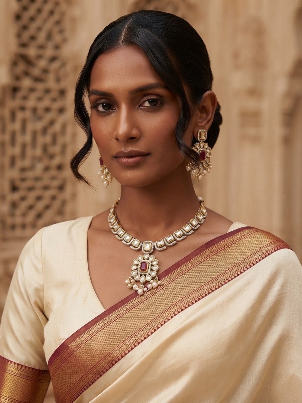 Elegant Gold-Tone Kundan Necklace Set with Maroon Accents